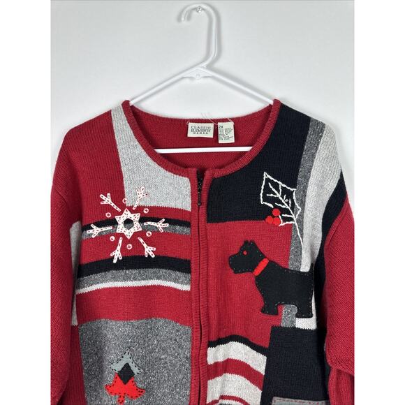 RARE Classic Elements Christmas Scottie Dog Zip Up Sweater Size 2X - Picture 2 of 14